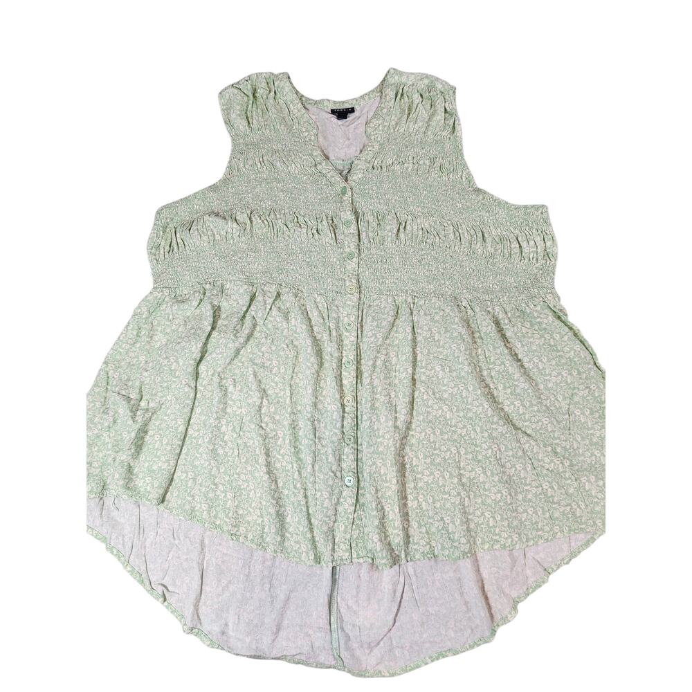Torrid Size 4 Mint Green Floral Smocked Babydoll Tank Top Hi-Low Hem Plus Size